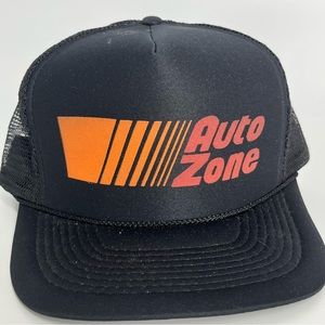 Vintage Auto Zone Hat Mens Black Orange Automobile 90s Mesh SnapBack Trucker Cap